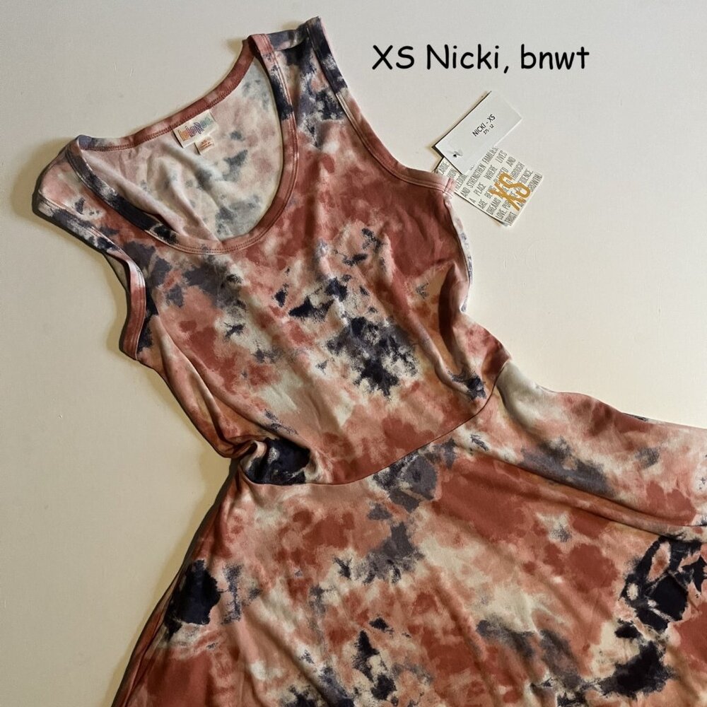XS Lularoe Nicki dress, pink, white, and navy blue tie-dye
